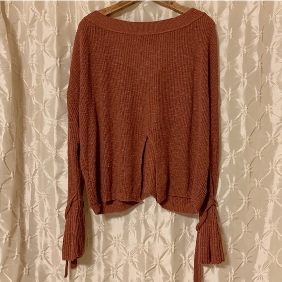 Express Tie Sleeve Split Back Cropped Sweater Pink Brown V Neck Oversized Knit - Picture 6 of 13